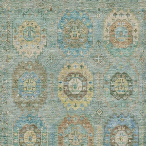 HomeRoots 8' X 10' Teal Blue Gold Copper Medallion Rug - Durable, Washable, All-Weather Indoor/Outdoor Design 639434