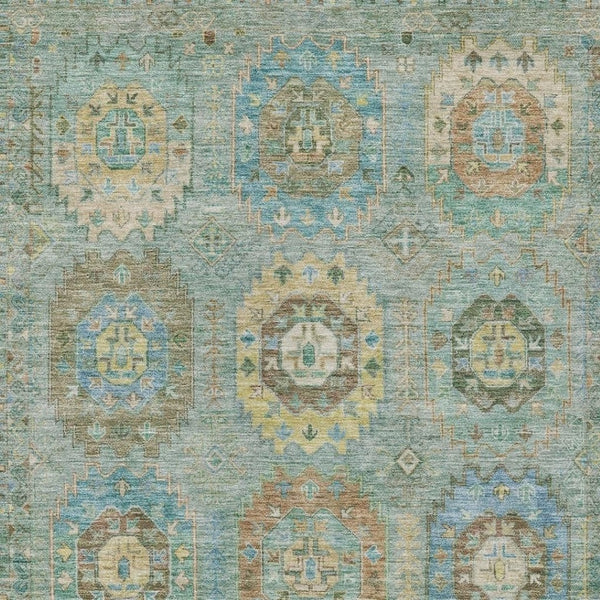 HomeRoots 8' X 10' Teal Blue Gold Copper Medallion Rug - Durable, Washable, All-Weather Indoor/Outdoor Design 639434