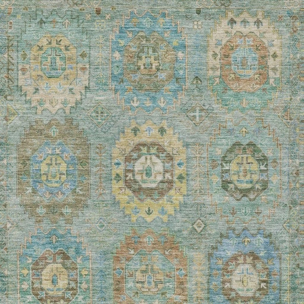 HomeRoots 8' X 10' Teal Blue Gold Copper Medallion Rug - Durable, Washable, All-Weather Indoor/Outdoor Design 639434