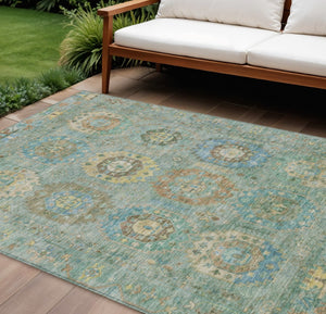 HomeRoots 9' Teal Blue and Gold Medallion Washable Area Rug - Stylish, Durable for Indoor/Outdoor Spaces 639435