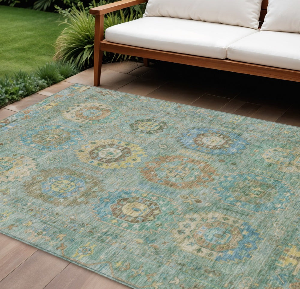 HomeRoots 10' Teal Blue, Gold & Copper Medallion Washable Area Rug - Durable for Indoor & Outdoor Use! 639436