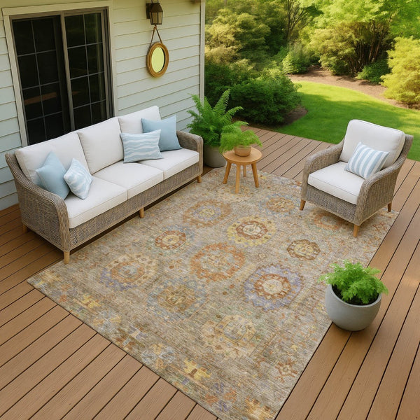 HomeRoots 5' Elegant Taupe Gold Lavender Medallion Washable Indoor Outdoor Area Rug for Versatile Spaces 639438