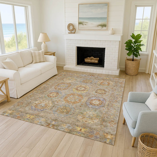 HomeRoots 5' Elegant Taupe Gold Lavender Medallion Washable Indoor Outdoor Area Rug for Versatile Spaces 639438