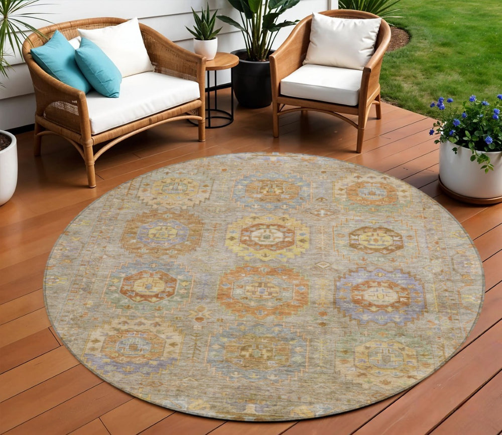 HomeRoots 8' Round Medallion Indoor Outdoor Area Rug in Taupe, Gold & Lavender - Washable & Durable Design 639439