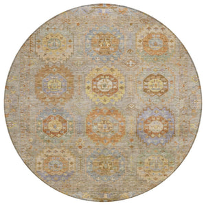 HomeRoots 8' Round Medallion Indoor Outdoor Area Rug in Taupe, Gold & Lavender - Washable & Durable Design 639439