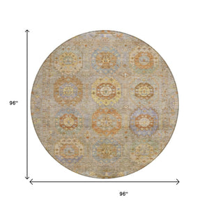 HomeRoots 8' Round Medallion Indoor Outdoor Area Rug in Taupe, Gold & Lavender - Washable & Durable Design 639439