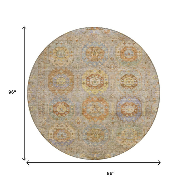 HomeRoots 8' Round Medallion Indoor Outdoor Area Rug in Taupe, Gold & Lavender - Washable & Durable Design 639439