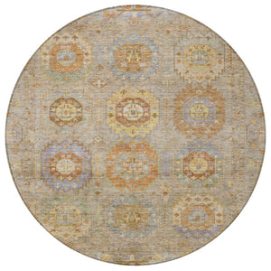 HomeRoots 8' Round Medallion Indoor Outdoor Area Rug in Taupe, Gold & Lavender - Washable & Durable Design 639439