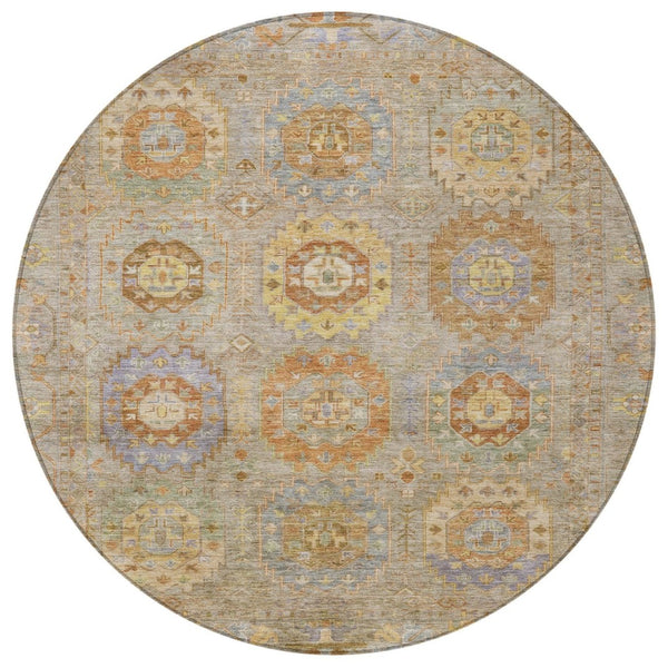 HomeRoots 8' Round Medallion Indoor Outdoor Area Rug in Taupe, Gold & Lavender - Washable & Durable Design 639439
