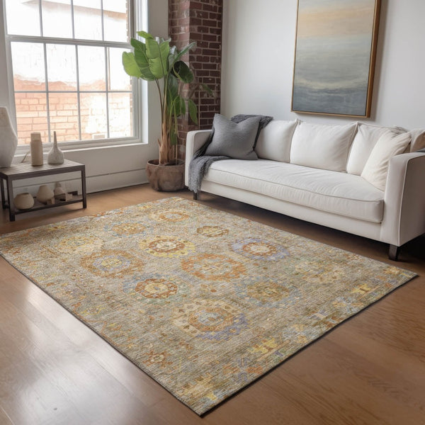 HomeRoots 8' X 10' Washable Indoor/Outdoor Area Rug in Elegant Taupe, Gold & Lavender Medallion Design 639440