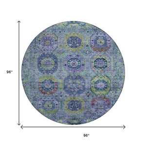 HomeRoots 8' Vibrant Green, Blue & Purple Round Medallion Area Rug - Washable for Indoor & Outdoor Use! 639445