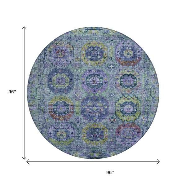 HomeRoots 8' Vibrant Green, Blue & Purple Round Medallion Area Rug - Washable for Indoor & Outdoor Use! 639445