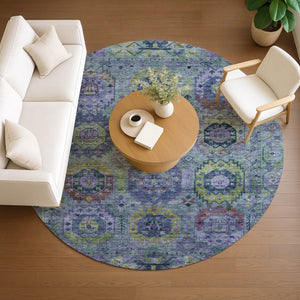 HomeRoots 8' Vibrant Green, Blue & Purple Round Medallion Area Rug - Washable for Indoor & Outdoor Use! 639445
