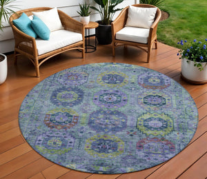 HomeRoots 8' Vibrant Green, Blue & Purple Round Medallion Area Rug - Washable for Indoor & Outdoor Use! 639445
