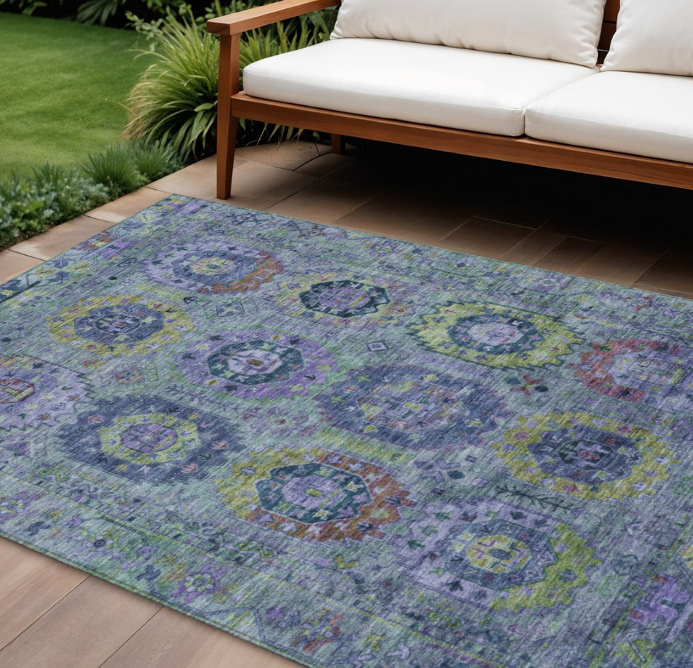 HomeRoots 9' Vibrant Medallion Indoor Outdoor Area Rug in Green, Blue & Purple - Durable & Machine Washable 639447