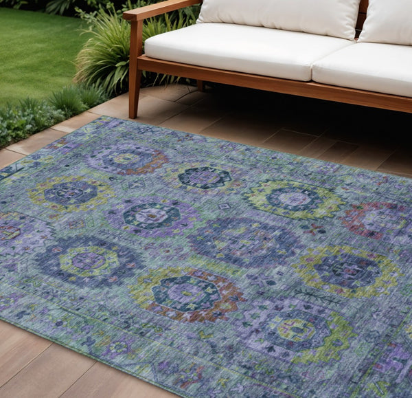 HomeRoots 9' Vibrant Medallion Indoor Outdoor Area Rug in Green, Blue & Purple - Durable & Machine Washable 639447