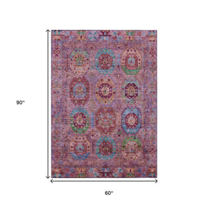 HomeRoots 5' X 8' Elegant Medallion Area Rug in Pink, Green & Mauve – Washable for Indoor/Outdoor Use! 639450