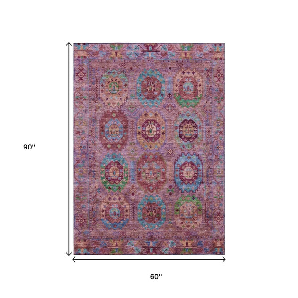 HomeRoots 5' X 8' Elegant Medallion Area Rug in Pink, Green & Mauve – Washable for Indoor/Outdoor Use! 639450