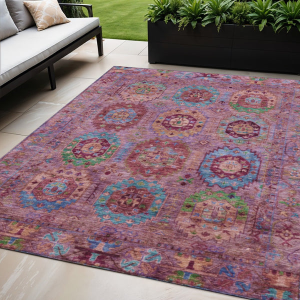 HomeRoots 5' X 8' Elegant Medallion Area Rug in Pink, Green & Mauve – Washable for Indoor/Outdoor Use! 639450