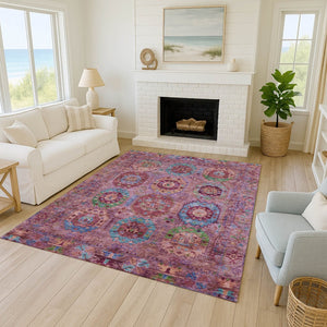 HomeRoots 5' X 8' Elegant Medallion Area Rug in Pink, Green & Mauve – Washable for Indoor/Outdoor Use! 639450