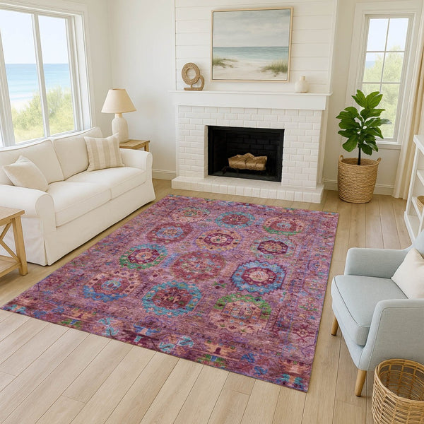 HomeRoots 5' X 8' Elegant Medallion Area Rug in Pink, Green & Mauve – Washable for Indoor/Outdoor Use! 639450
