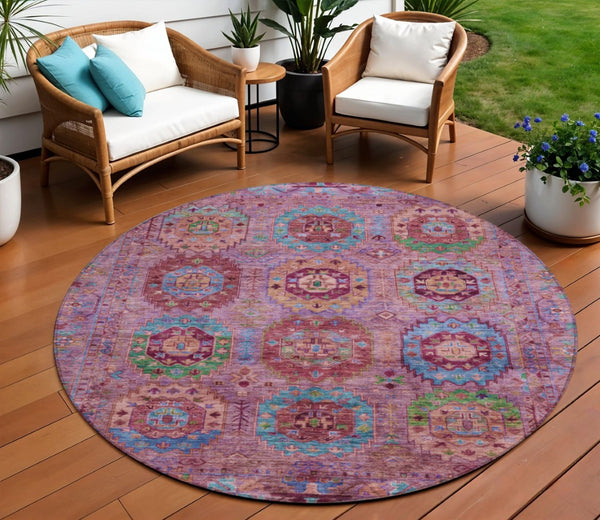 HomeRoots 8' Pink Green And Mauve Round Medallion Area Rug – Stylish, Washable Design for Indoor & Outdoor Use 639451