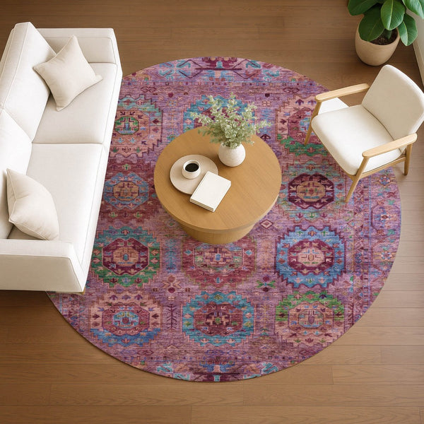 HomeRoots 8' Pink Green And Mauve Round Medallion Area Rug – Stylish, Washable Design for Indoor & Outdoor Use 639451