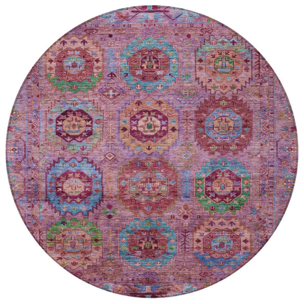 HomeRoots 8' Pink Green And Mauve Round Medallion Area Rug – Stylish, Washable Design for Indoor & Outdoor Use 639451