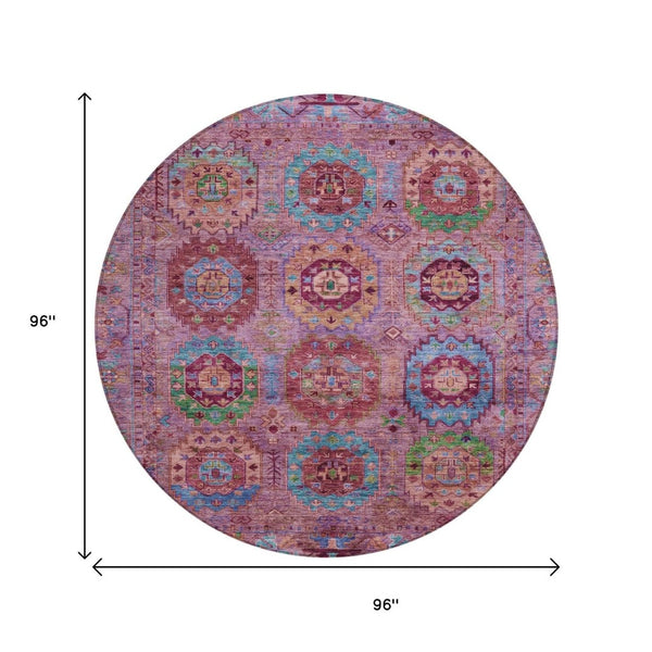 HomeRoots 8' Pink Green And Mauve Round Medallion Area Rug – Stylish, Washable Design for Indoor & Outdoor Use 639451