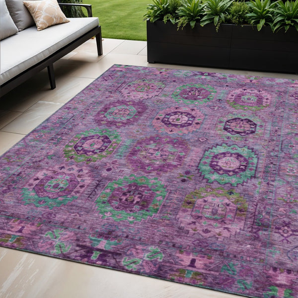 HomeRoots 5' Vibrant Medallion Area Rug in Purple, Teal & Blue - Washable for Indoor/Outdoor Spaces! 639456