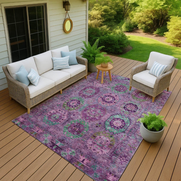 HomeRoots 5' Vibrant Medallion Area Rug in Purple, Teal & Blue - Washable for Indoor/Outdoor Spaces! 639456