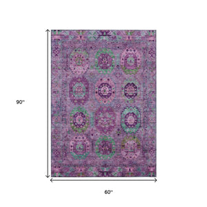HomeRoots 5' Vibrant Medallion Area Rug in Purple, Teal & Blue - Washable for Indoor/Outdoor Spaces! 639456