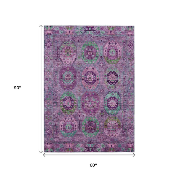 HomeRoots 5' Vibrant Medallion Area Rug in Purple, Teal & Blue - Washable for Indoor/Outdoor Spaces! 639456