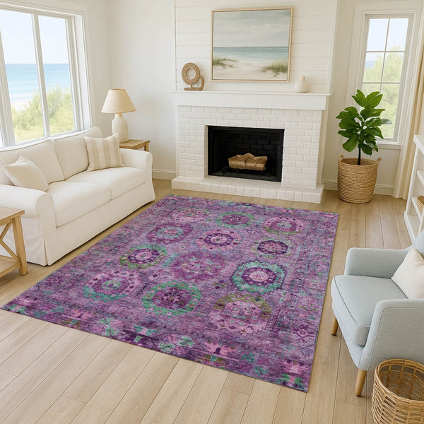 HomeRoots 5' Vibrant Medallion Area Rug in Purple, Teal & Blue - Washable for Indoor/Outdoor Spaces! 639456