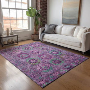 HomeRoots 5' Vibrant Medallion Area Rug in Purple, Teal & Blue - Washable for Indoor/Outdoor Spaces! 639456