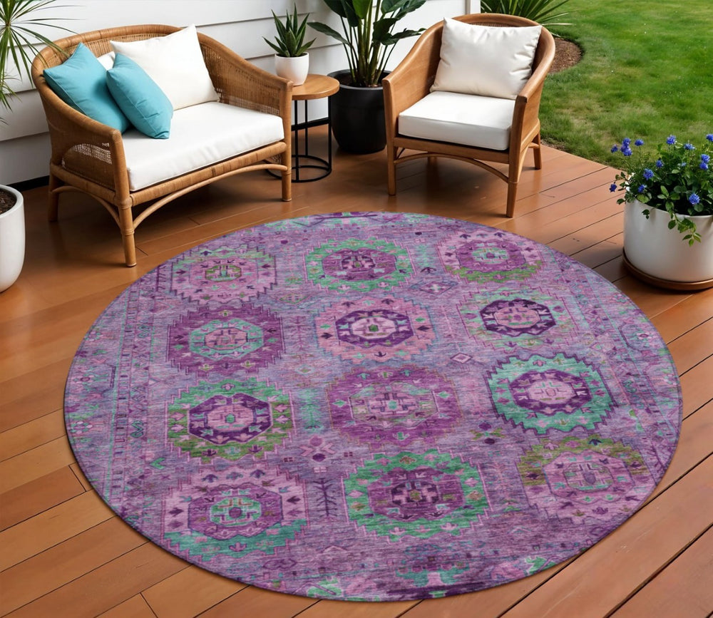 HomeRoots 8' Vibrant Round Medallion Area Rug in Purple, Teal, and Green - Washable for Indoor/Outdoor Use 639457