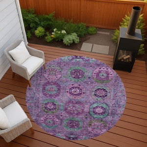HomeRoots 8' Vibrant Round Medallion Area Rug in Purple, Teal, and Green - Washable for Indoor/Outdoor Use 639457