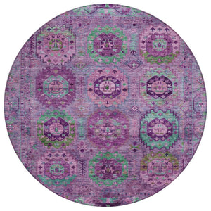 HomeRoots 8' Vibrant Round Medallion Area Rug in Purple, Teal, and Green - Washable for Indoor/Outdoor Use 639457