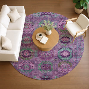 HomeRoots 8' Vibrant Round Medallion Area Rug in Purple, Teal, and Green - Washable for Indoor/Outdoor Use 639457