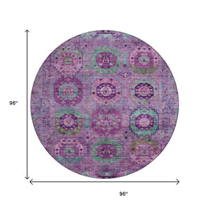 HomeRoots 8' Vibrant Round Medallion Area Rug in Purple, Teal, and Green - Washable for Indoor/Outdoor Use 639457