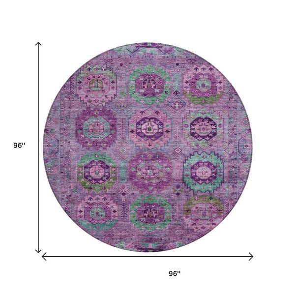 HomeRoots 8' Vibrant Round Medallion Area Rug in Purple, Teal, and Green - Washable for Indoor/Outdoor Use 639457