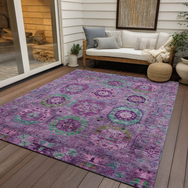 HomeRoots 9' Indoor Outdoor Medallion Area Rug in Purple, Teal Blue & Green – Washable, Stain-Resistant Design! 639459