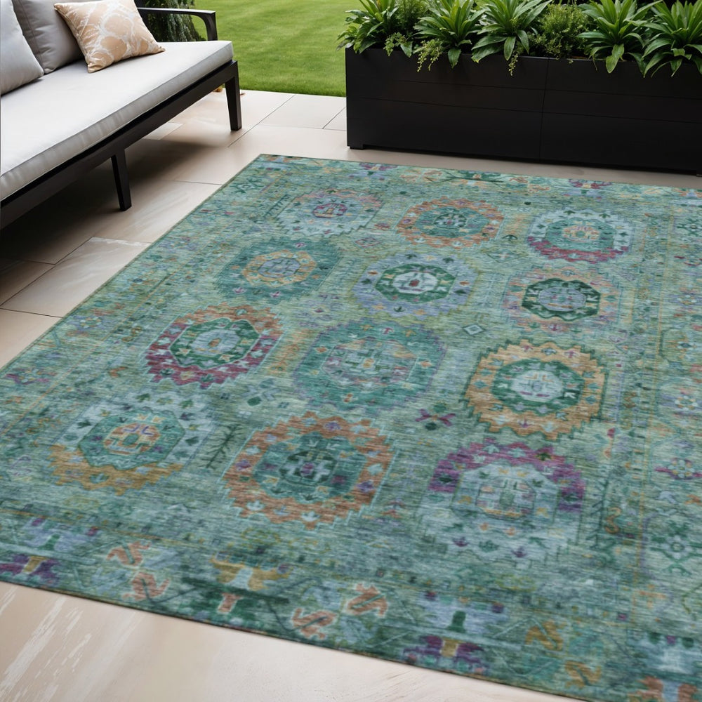HomeRoots 5' Vibrant Teal Blue, Purple & Gold Medallion Area Rug – Washable Indoor/Outdoor, Durable & Stylish! 639462