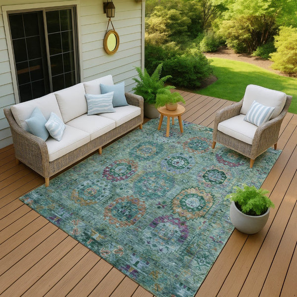 HomeRoots 5' Vibrant Teal Blue, Purple & Gold Medallion Area Rug – Washable Indoor/Outdoor, Durable & Stylish! 639462