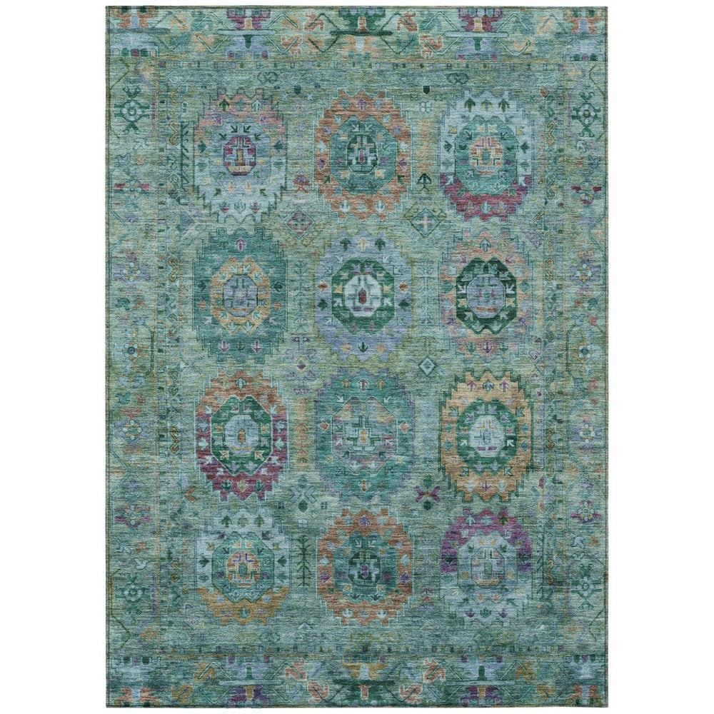 HomeRoots 5' Vibrant Teal Blue, Purple & Gold Medallion Area Rug – Washable Indoor/Outdoor, Durable & Stylish! 639462