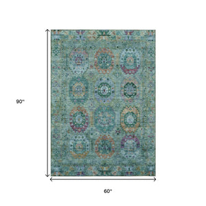 HomeRoots 5' Vibrant Teal Blue, Purple & Gold Medallion Area Rug – Washable Indoor/Outdoor, Durable & Stylish! 639462