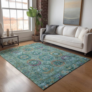 HomeRoots 5' Vibrant Teal Blue, Purple & Gold Medallion Area Rug – Washable Indoor/Outdoor, Durable & Stylish! 639462
