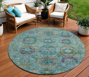 HomeRoots 8' Teal Blue Purple Gold Round Medallion Indoor-Outdoor Rug – Durable, Washable, Stylish Décor Piece 639463