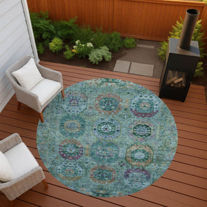 HomeRoots 8' Teal Blue Purple Gold Round Medallion Indoor-Outdoor Rug – Durable, Washable, Stylish Décor Piece 639463