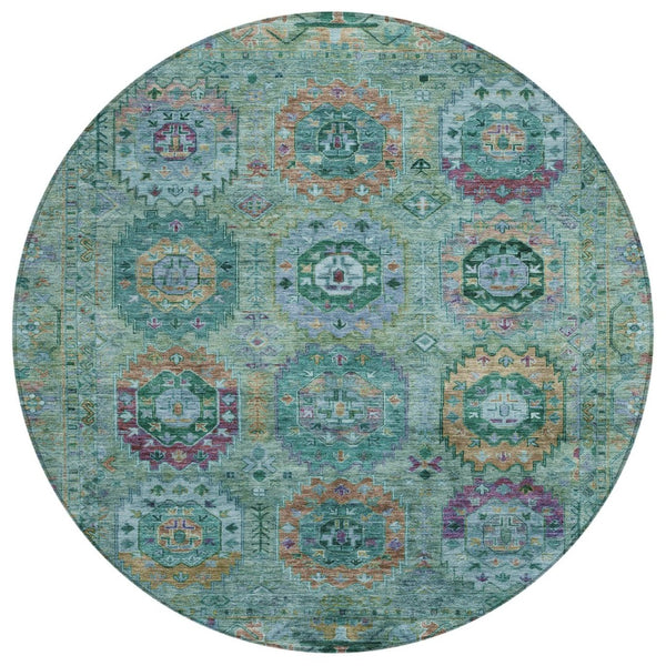 HomeRoots 8' Teal Blue Purple Gold Round Medallion Indoor-Outdoor Rug – Durable, Washable, Stylish Décor Piece 639463